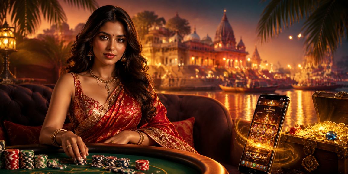 Mobile casino at Varanasi Ghat with traditional saree